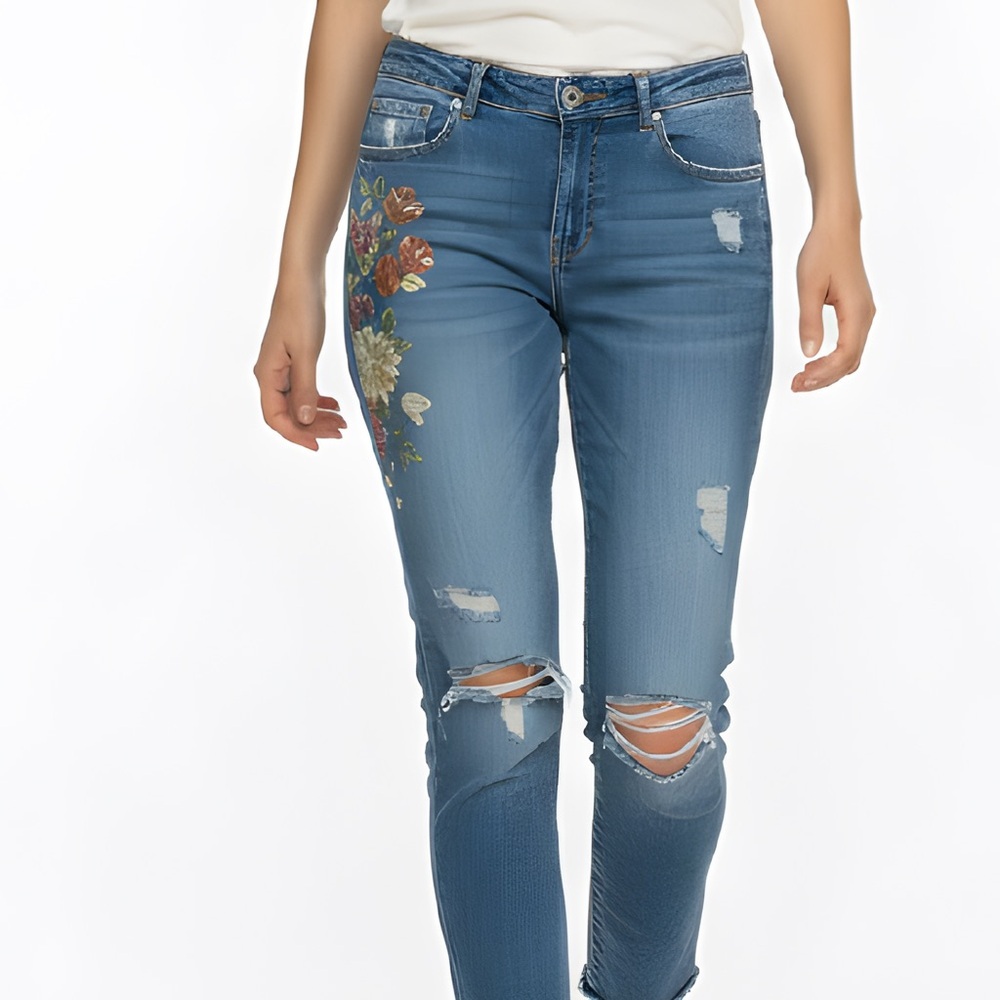 Zara Man Floral Embroidered Distressed Slim Jeans Blue Medium Wash Size 32